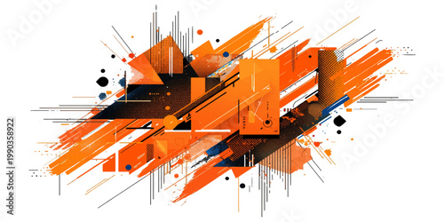 Abstract grunge vector background featuring heavy orange industrial machinery and construction equipment under a red sky near a coastal road