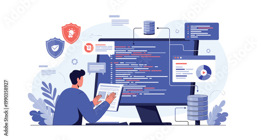 Professional backend developer secures software infrastructure by writing code and managing database servers on a large monitor.