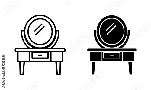 Dressing table icon set with round mirror and drawer