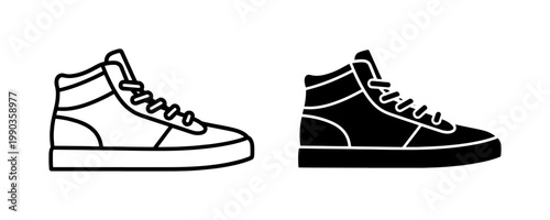 High Top Sneaker Icon Set in Outline and Solid Style