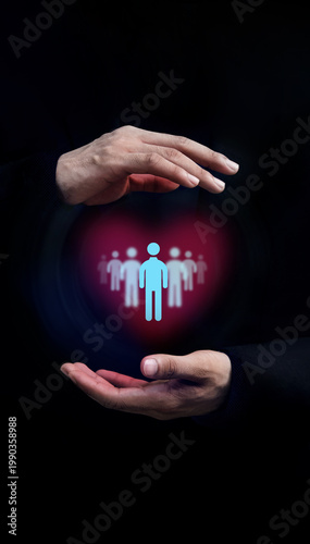 Hands protecting group symbol, human centric approach, customer loyalty, teamwork and collaboration