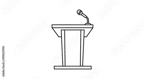 A simple black and white line drawing depicts a classic podium with a microphone positioned atop it