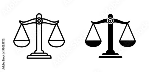 Justice scales icon set in outline and solid black style