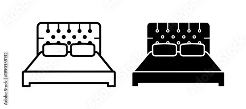 Double Bed Icon Set with Tufted Headboard and Pillows