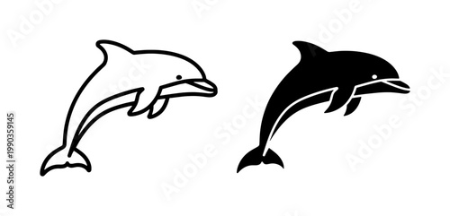 Dolphin jumping silhouette and outline vector icons