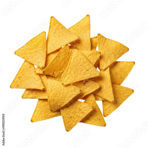 Heap of crispy triangular tortilla chips on white background for snack or food design