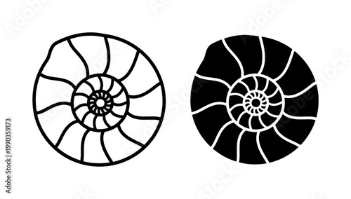 Ammonite Fossil Shell Outline and Silhouette Vector Icons