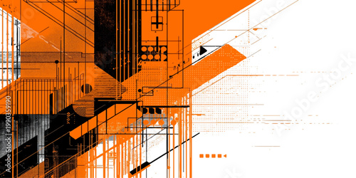 An abstract grunge background vector illustration featuring a modern city building project and architectural blueprint design set against an urban sunset sky