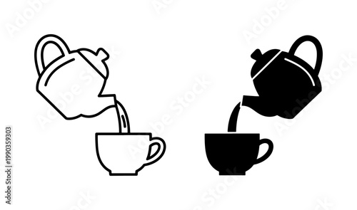 Teapot pouring hot liquid into cup icon set