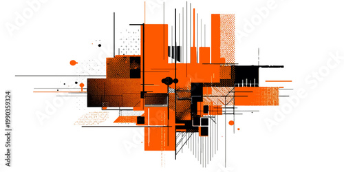 Abstract orange background with lines featuring a black city skyline and industrial factory building illustration as a modern urban business icon