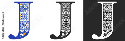 Capital letter J with mediterranean tile pattern. Letter J with floral geometric ornament. Creative alphabet. Decorated typography letters. Vintage patterned font. Isolated vector illustration