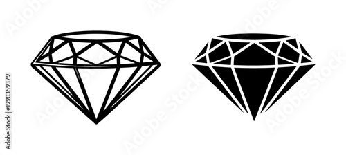 Diamond outline and solid black gemstone vector icons