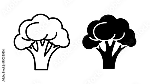 Broccoli vegetable line and silhouette icon set
