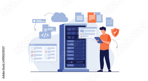 System administrator using digital tablet to manage data center server rack with cloud storage and secure file processing icons in background.