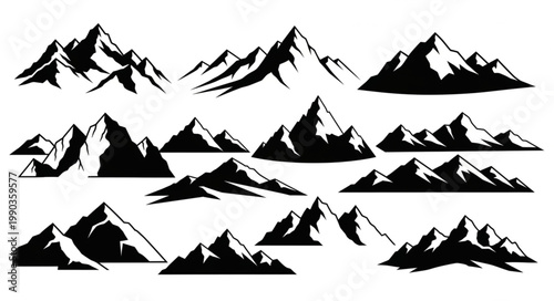 Collection of stylized mountain range silhouettes for design.