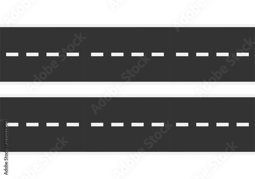 Dos secciones de carretera de asfalto gris con líneas blancas discontinuas