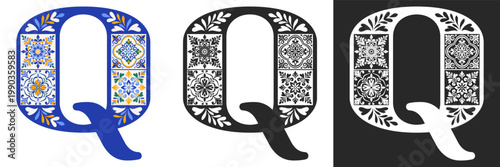 Capital letter Q with mediterranean tile pattern. Letter Q with floral geometric ornament. Creative alphabet. Decorated typography letters. Vintage patterned font. Isolated vector illustration