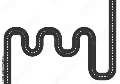 Carretera sinuosa de asfalto gris con curvas cerradas y líneas blancas discontinuas