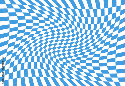 Fondo de patrón de tablero de ajedrez con efecto de distorsión óptica en color azul y blanco