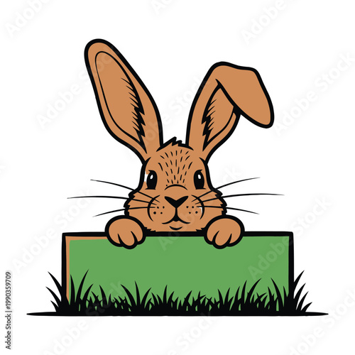 Brown Rabbit Peeking Over Green Grass Fence Curious Expression