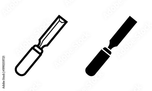 Woodworking chisel icon set with outline and solid silhouette