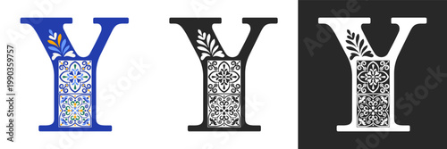 Capital letter Y with mediterranean tile pattern. Letter Y with floral geometric ornament. Creative alphabet. Decorated typography letters. Vintage patterned font. Isolated vector illustration