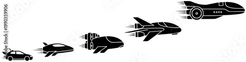 Futuristic flying car evolution silhouettes isolated