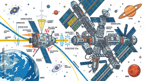 Conceptual illustration of an advanced space station and scientific spacecraft, showcasing theoretical quantum physics systems and future cosmic technology