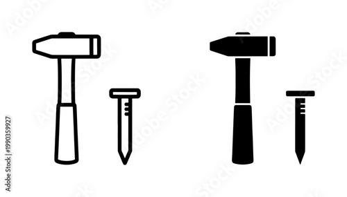 Hammer and Nail Icon Set for Carpentry Construction