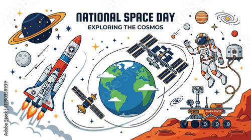 Vibrant cartoon illustration celebrating cosmic exploration and discovery, showcasing a rocket launch, orbiting Earth, space station, astronaut, and rover