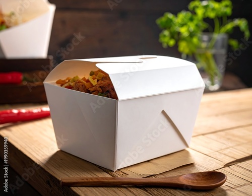 A close-up, eye-level view of a takeaway food box filled with colorful food