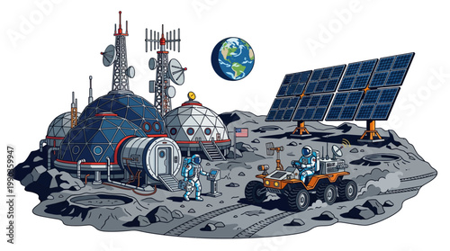 Detailed illustration of a futuristic lunar base, featuring astronauts, advanced habitats, communication towers, and solar panels on the moon, depicting human exploration
