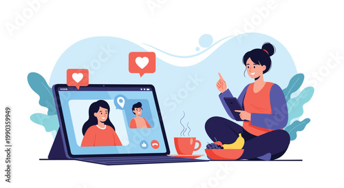 Young woman relaxing on sofa with coffee and snacks while video calling friends on a digital tablet for social connection.