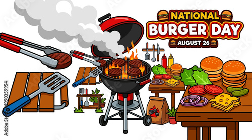 Cartoon illustration of an outdoor burger barbecue celebration, featuring a sizzling grill, fresh ingredients, and cooking tools for a delicious feast