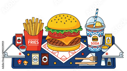 Vibrant illustration of a complete fast food combo meal classic cheeseburger, crispy golden fries, and refreshing soda drink presented on a tray