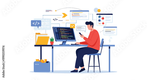 Software engineer at workstation using smartphone and computer to develop code and manage web applications with various floating windows.