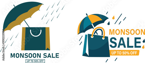 Monsoon Sale Banner Design with Rainy Season Elements