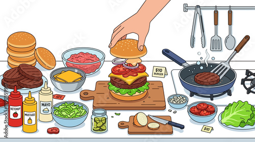 Detailed illustration of a hand assembling a delicious homemade cheeseburger with fresh ingredients, showing the cooking and preparation process in a vibrant kitchen setting