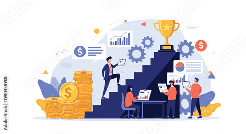 Corporate team collaborating to reach business success represented by a trophy atop stairs with financial growth and industrial gears.