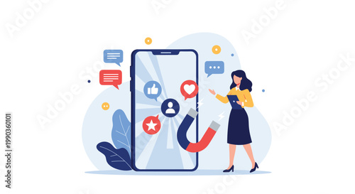 Social media manager using magnet tool to attract followers and engagement icons from a giant smartphone screen for mobile marketing.
