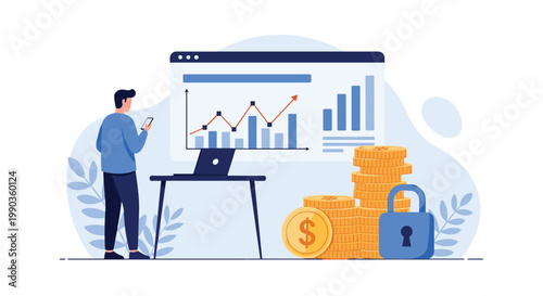 Financial consultant reviewing investment data on screen next to stacks of coins and a secure lock for safe asset management.