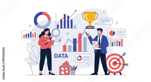 Data analysts investigating performance metrics and business statistics using a magnifying glass and reports to find growth insights.