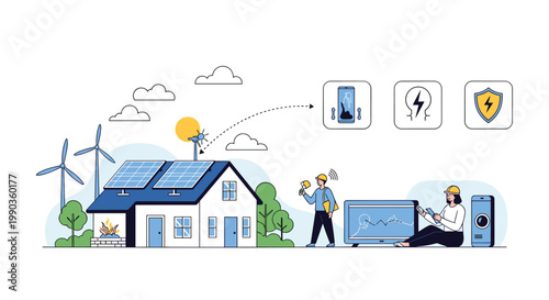 Sustainable living featuring a house powered by solar panels and wind turbines with technicians monitoring green energy efficiency.