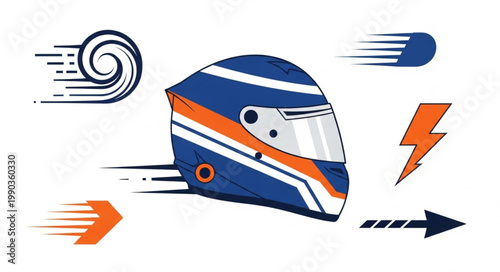 Racing helmet with speed lines and lightning bolt.