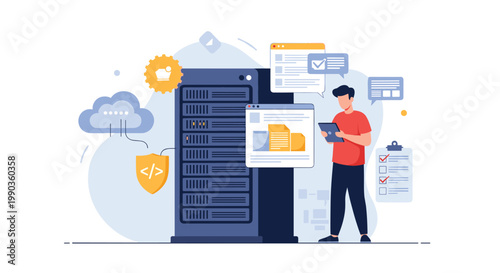IT technician using a tablet to monitor and maintain server racks with cloud security and data protection icons for enterprise safety.