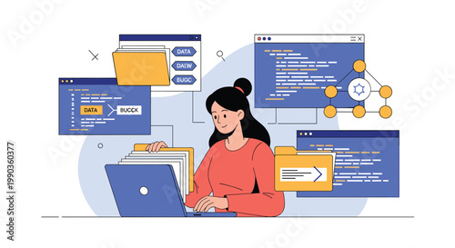 Software developer working on laptop surrounded by coding windows, file folders, and database structures for application building.