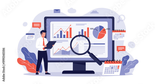 Financial analyst using magnifying glass to inspect performance data on a large monitor with calendars and reporting icons.