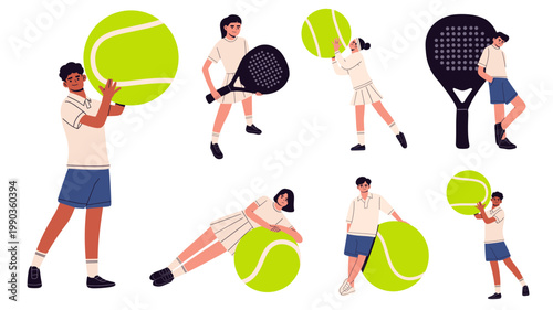 Flat illustration set of people playing padel tennis with rackets and balls. ideal for sports concepts, recreation, outdoor activity, fitness, competition, healthy lifestyle, active living themes