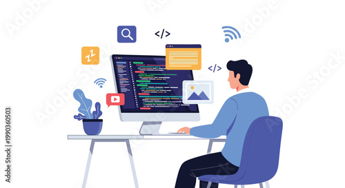 Programmer at desk writing code on monitor with various floating multimedia and connectivity icons for modern software development.
