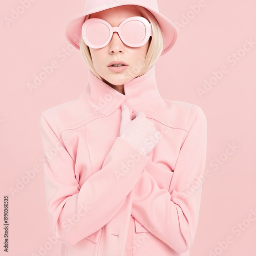 High fashion portrait of a blonde woman in pink coat, hat and round sunglasses on pastel pink background, monochrome winter style
